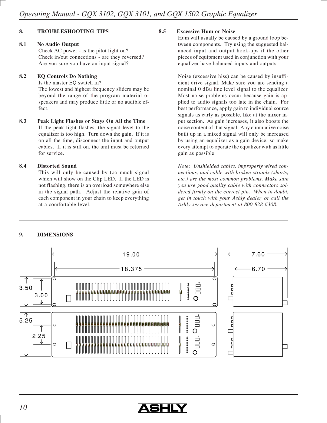 Ashly GQX-3101, GQX-3102, GQX-1502 manual Troubleshooting Tips, Dimensions 