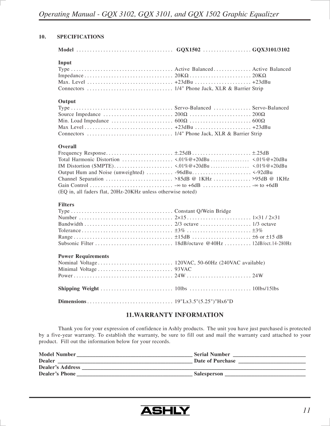 Ashly GQX-1502, GQX-3102, GQX-3101 manual Specifications 