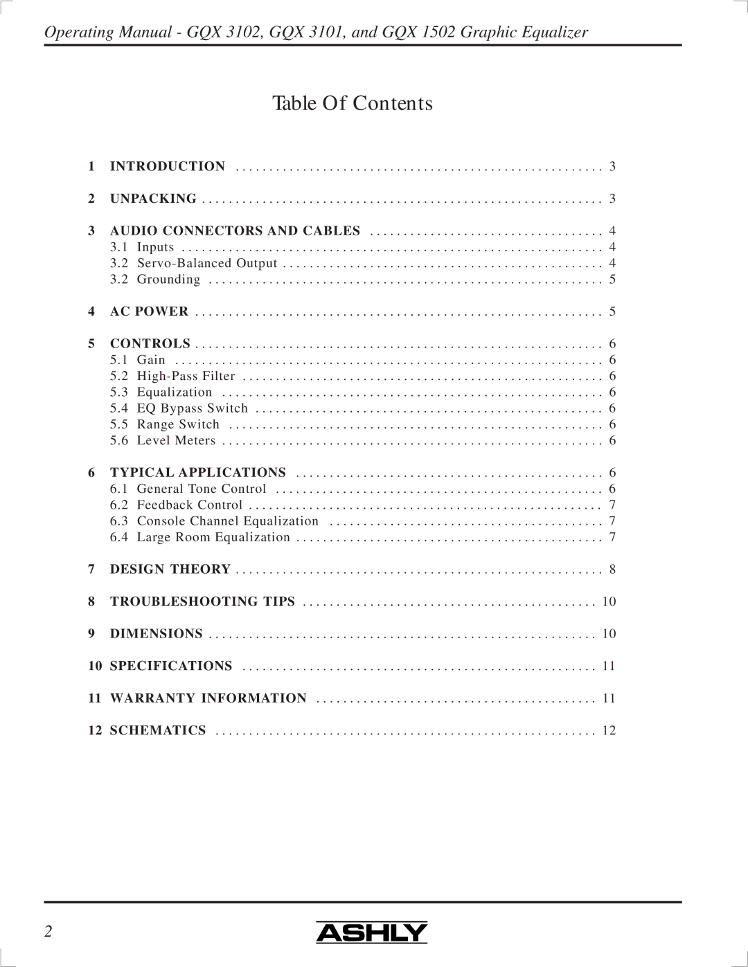 Ashly GQX-1502, GQX-3102, GQX-3101 manual Table Of Contents 