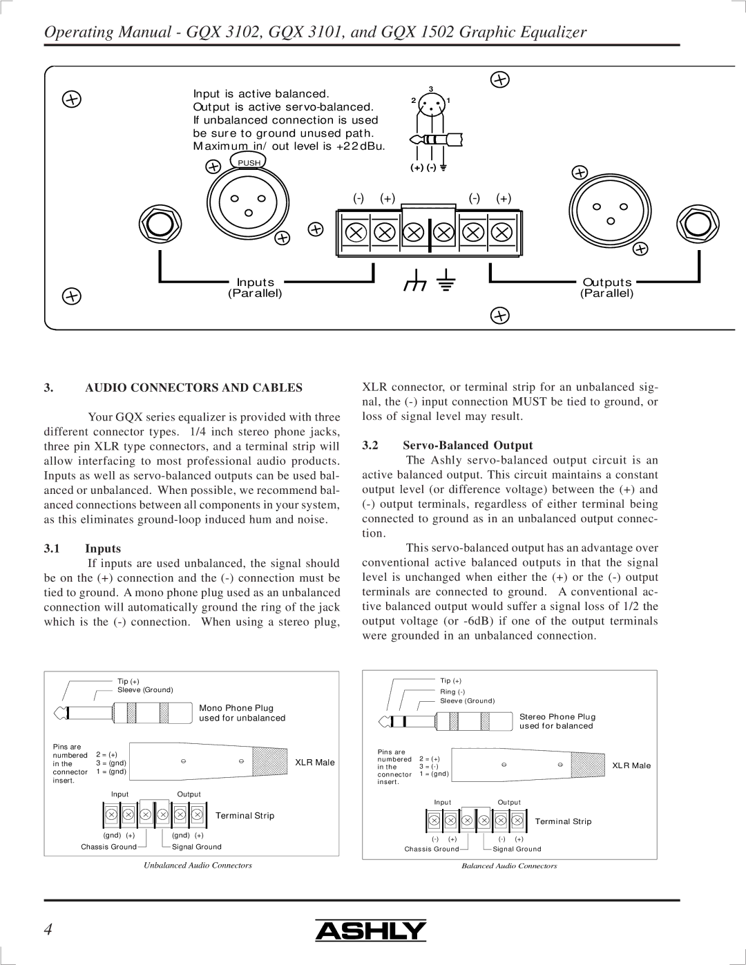 Ashly GQX-3101, GQX-3102, GQX-1502 manual Audio Connectors and Cables, Inputs, Servo-Balanced Output 