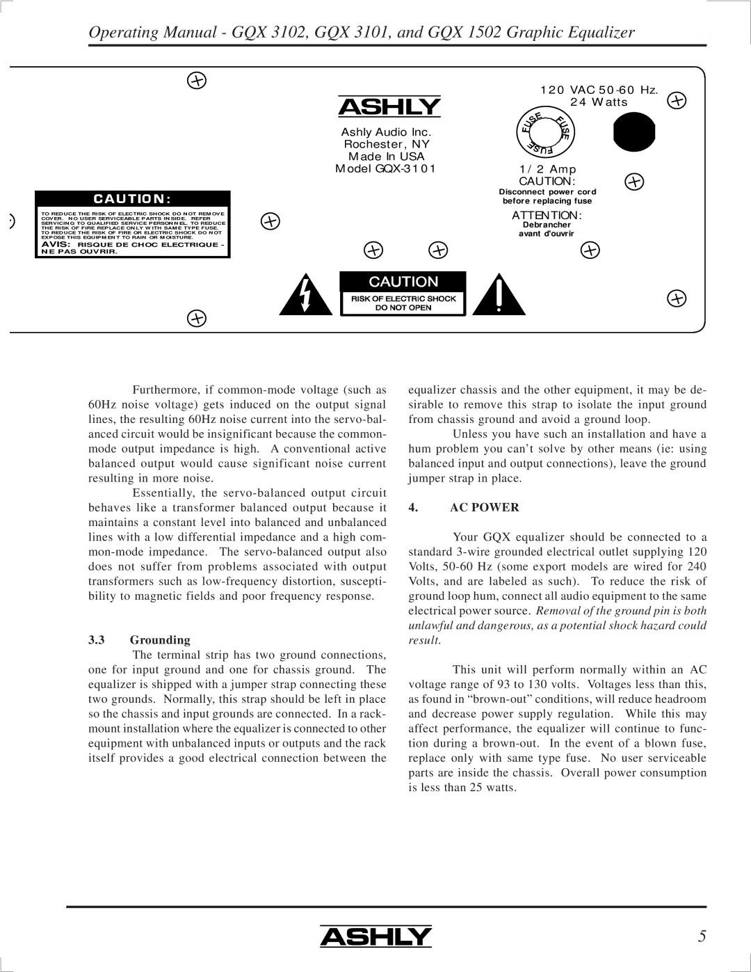 Ashly GQX-1502, GQX-3102, GQX-3101 manual Grounding, AC Power 