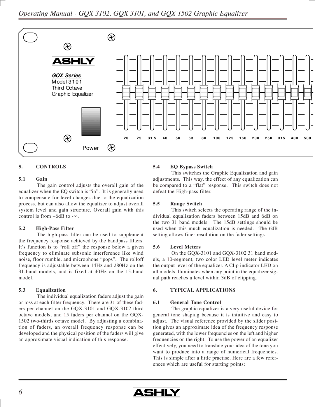 Ashly GQX-3102, GQX-3101, GQX-1502 manual Controls, Typical Applications 