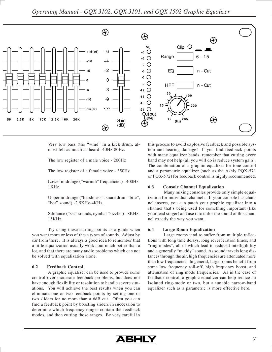 Ashly GQX-3101, GQX-3102, GQX-1502 manual Feedback Control, Console Channel Equalization, Large Room Equalization 