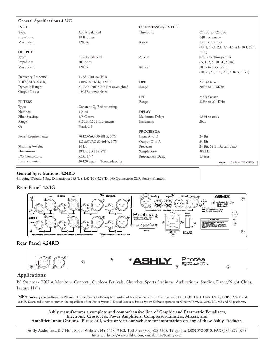 Ashly II 4.24G specifications Rear Panel 4.24G Rear Panel 4.24RD Applications, General Specifications 4.24G 