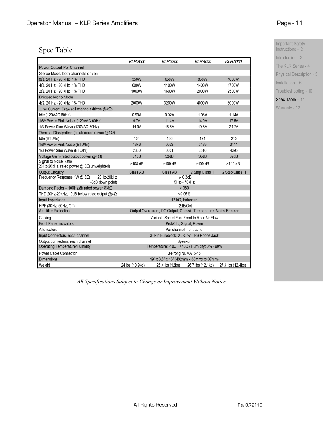 Ashly KLR 5000, KLR 4000, KLR 2000, KLR 3200 manual Spec Table, Power Output Per Channel Stereo Mode, both channels driven 