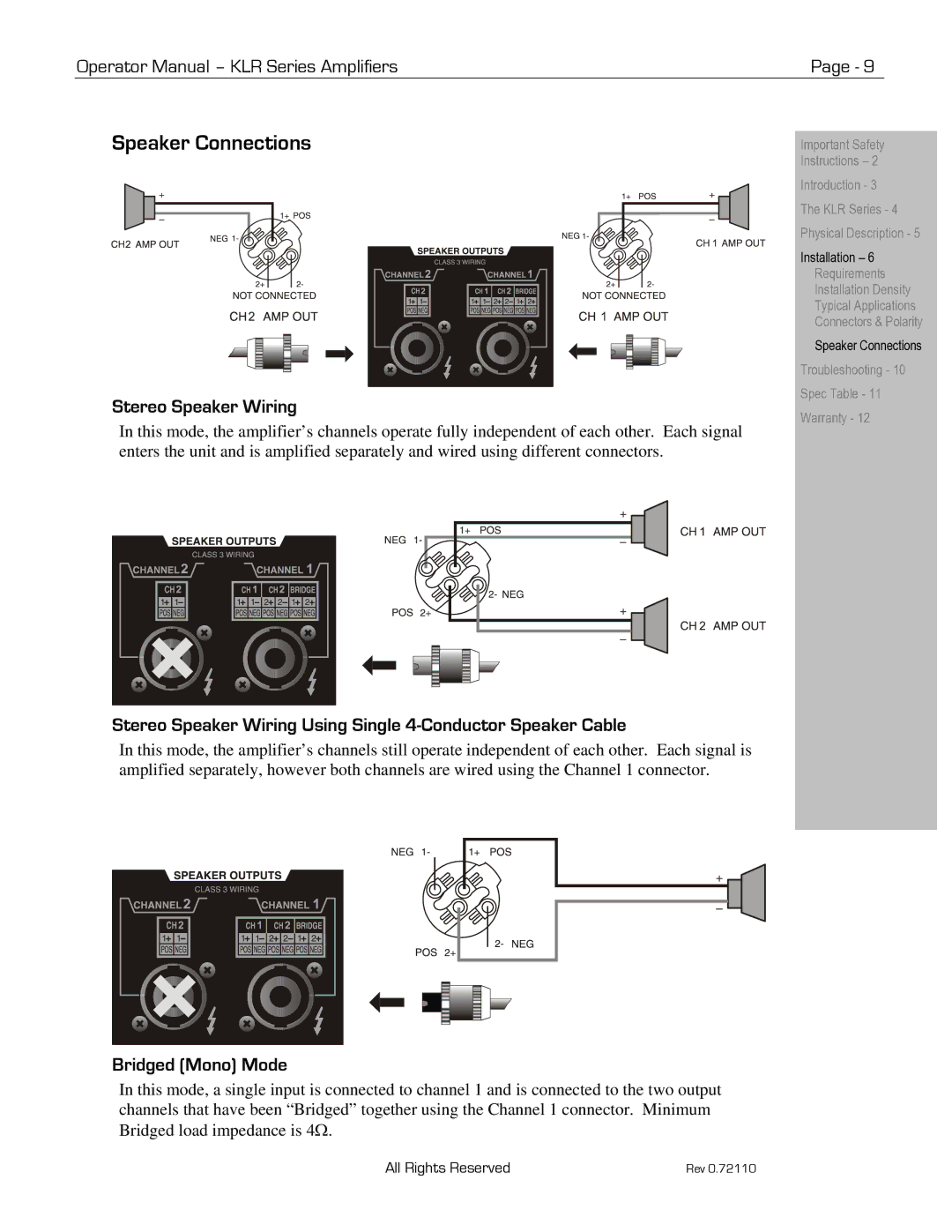 Ashly KLR 2000, KLR 4000, KLR 3200, KLR 5000 manual Speaker Connections, Stereo Speaker Wiring, Bridged Mono Mode 