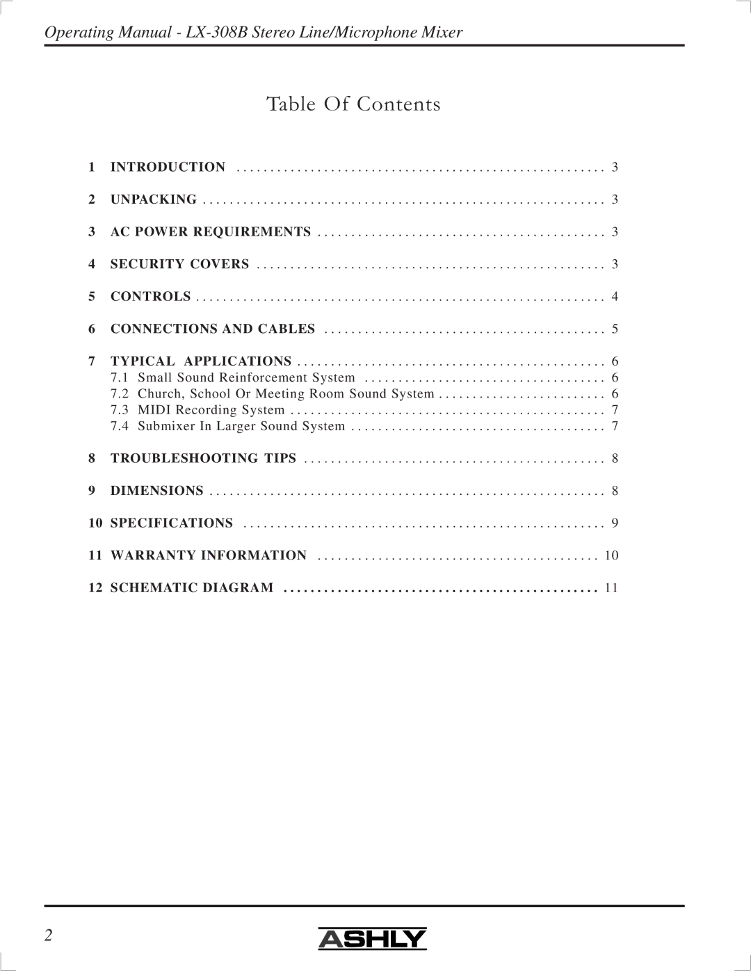 Ashly LX-308B manual Table Of Contents 