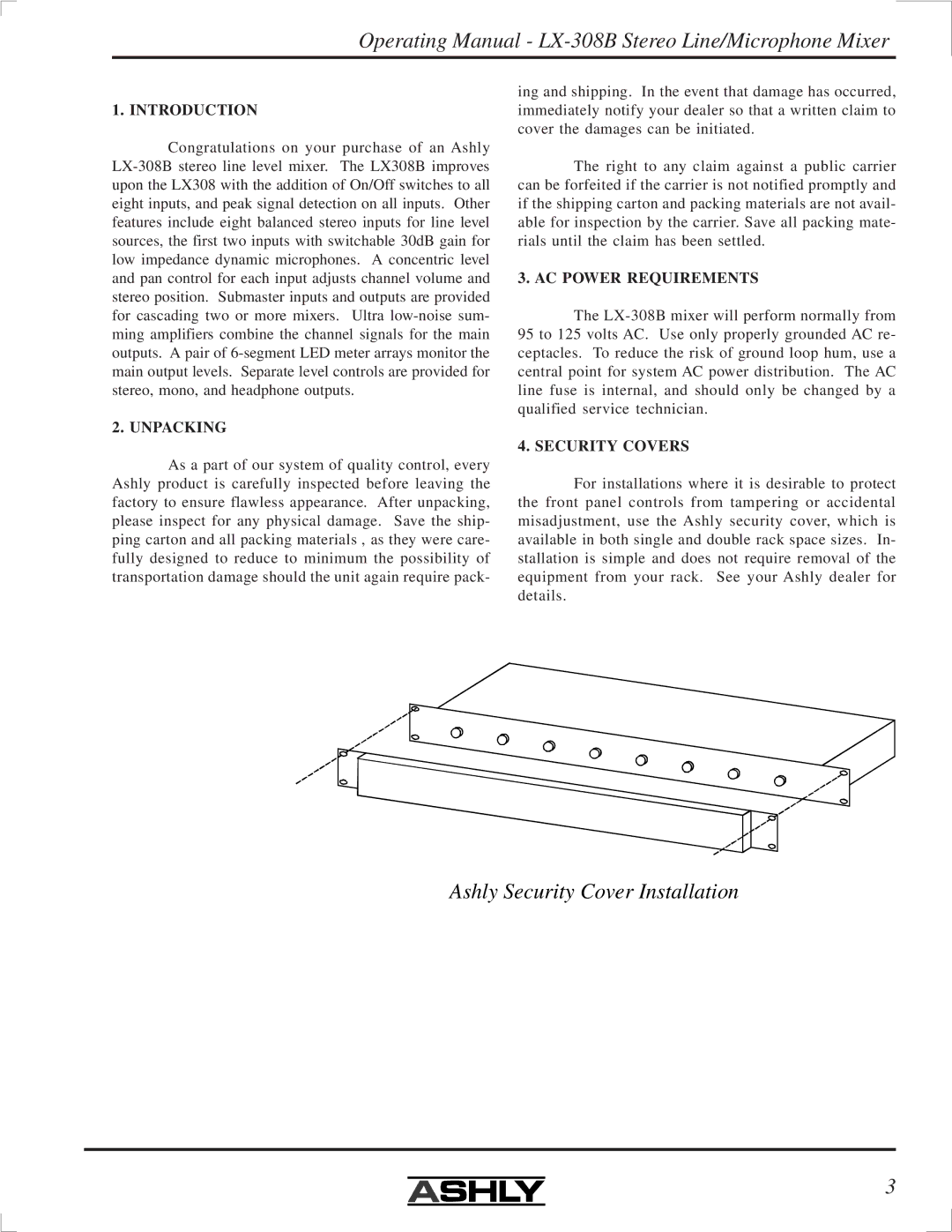 Ashly LX-308B manual Introduction, Unpacking, AC Power Requirements, Security Covers 