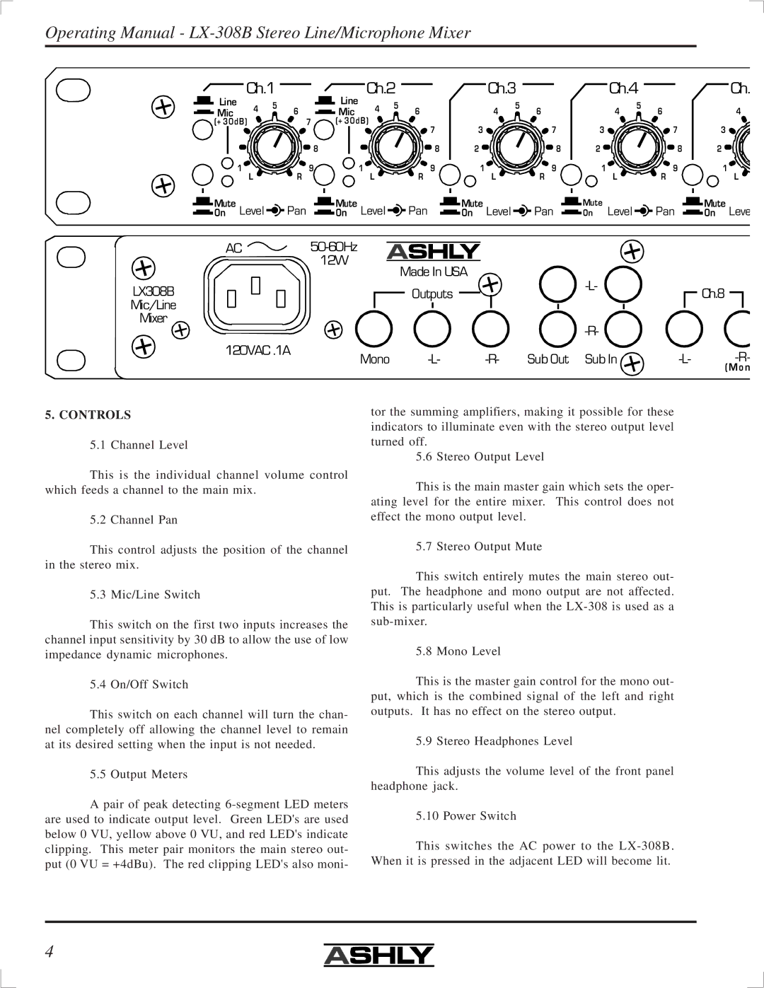 Ashly LX-308B manual Ch.1 Ch.2 Ch.3 Ch.4, Controls 