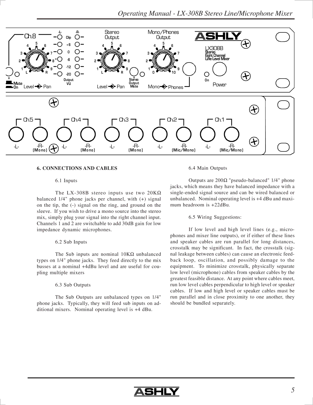 Ashly LX-308B manual Ch.8, Connections and Cables 