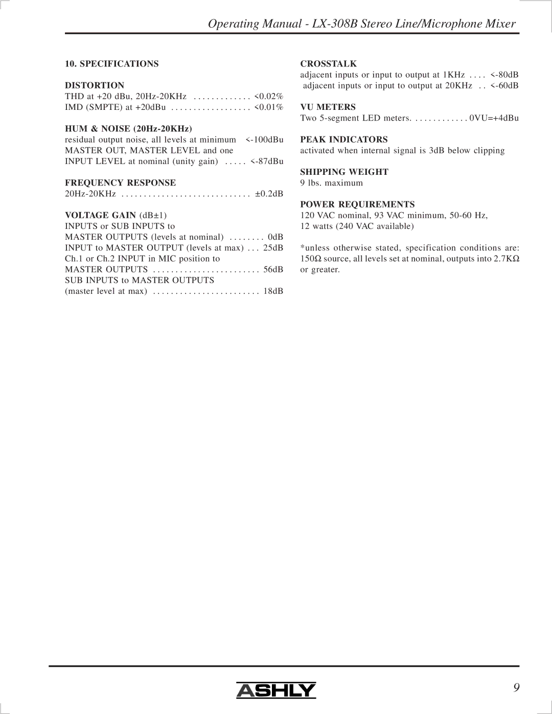 Ashly LX-308B manual Specifications Distortion, Frequency Response, Crosstalk, VU Meters, Peak Indicators, Shipping Weight 