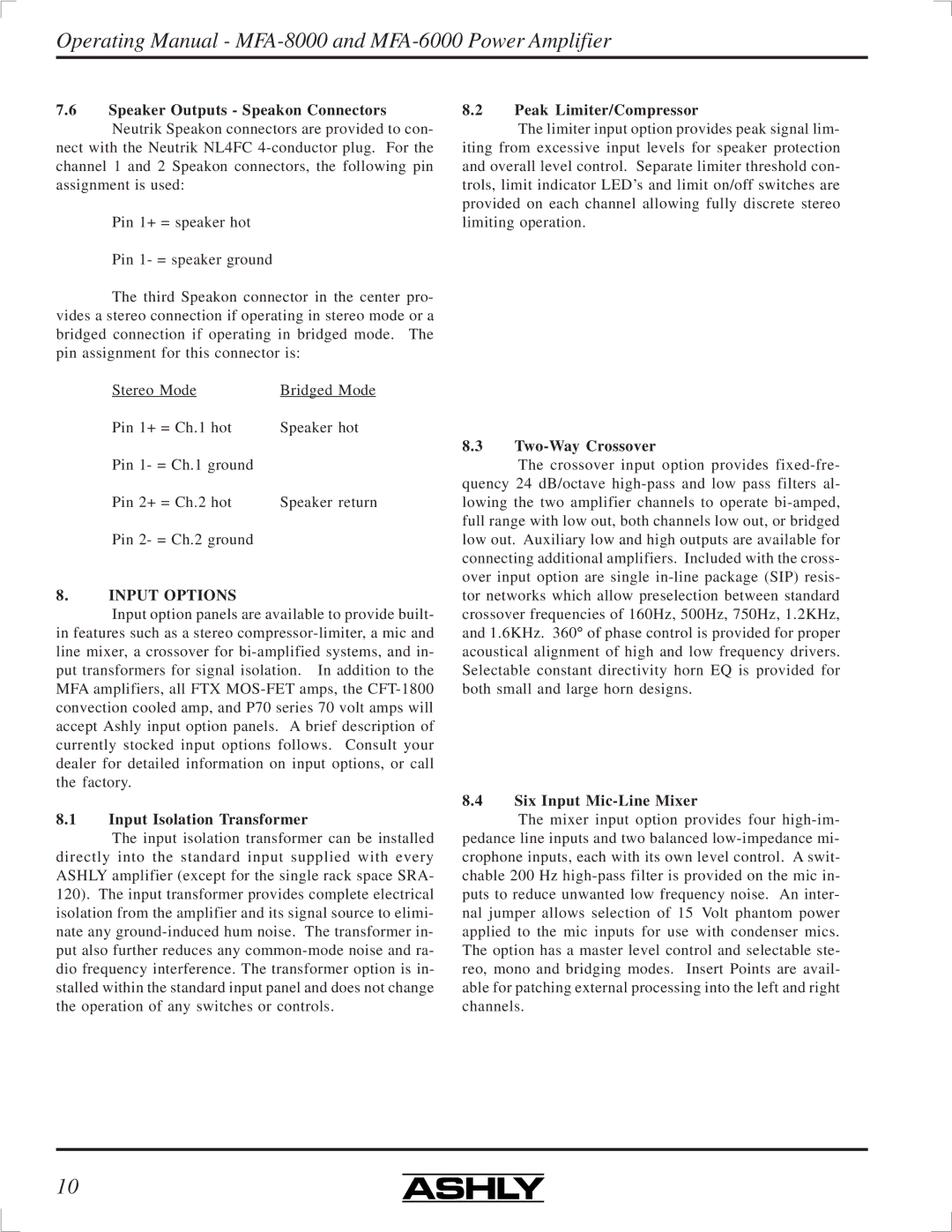 Ashly MFA-8000, MFA-6000 manual Input Options, Input Isolation Transformer, Peak Limiter/Compressor, Two-Way Crossover 