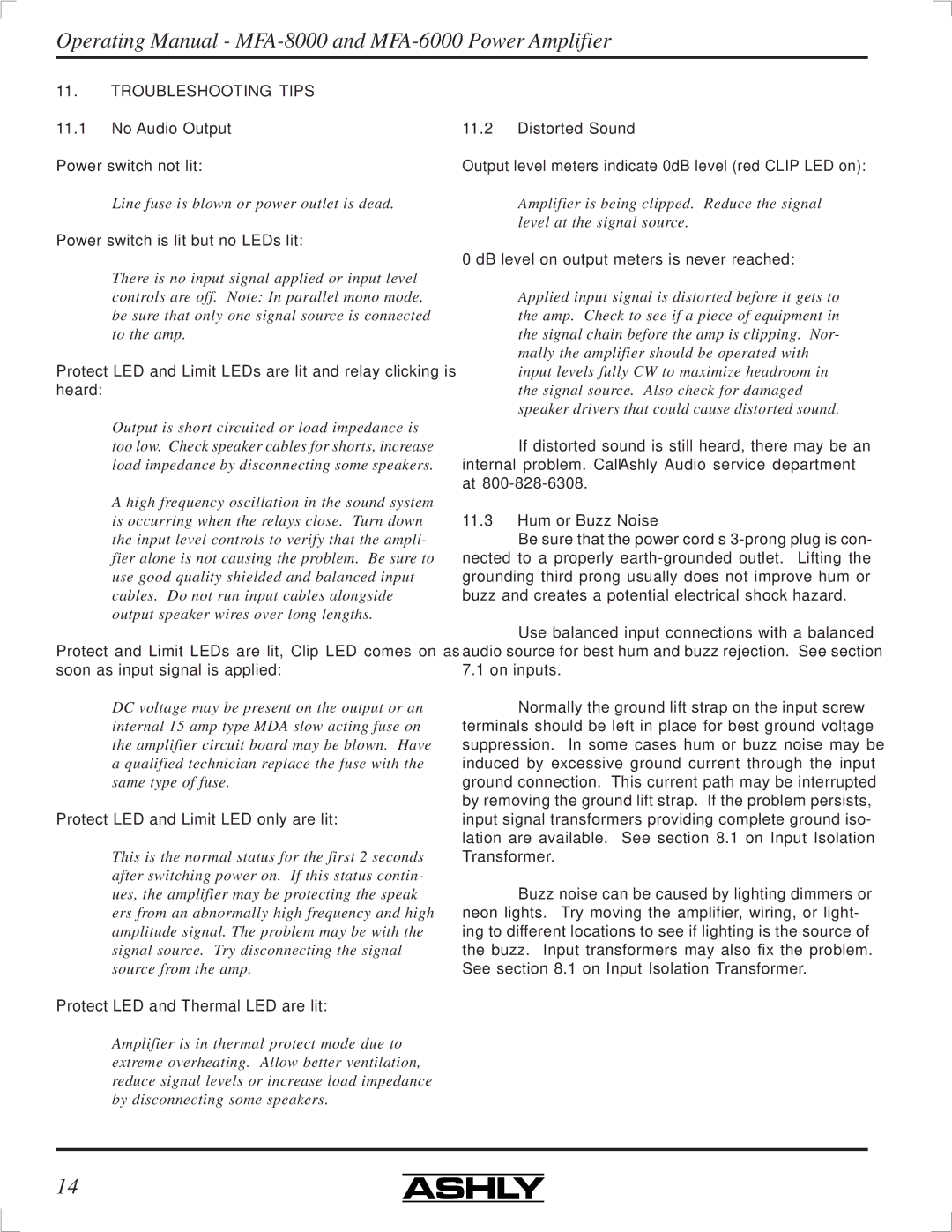 Ashly MFA-8000, MFA-6000 manual Troubleshooting Tips, No Audio Output, Distorted Sound, Hum or Buzz Noise 