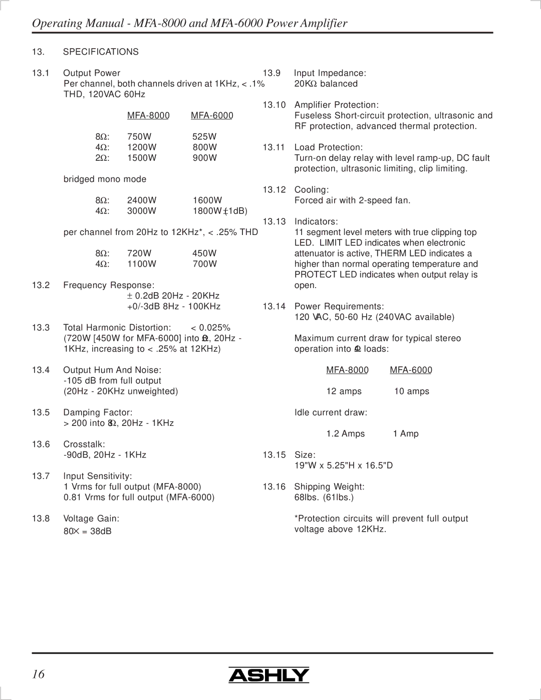 Ashly MFA-8000, MFA-6000 manual Specifications 