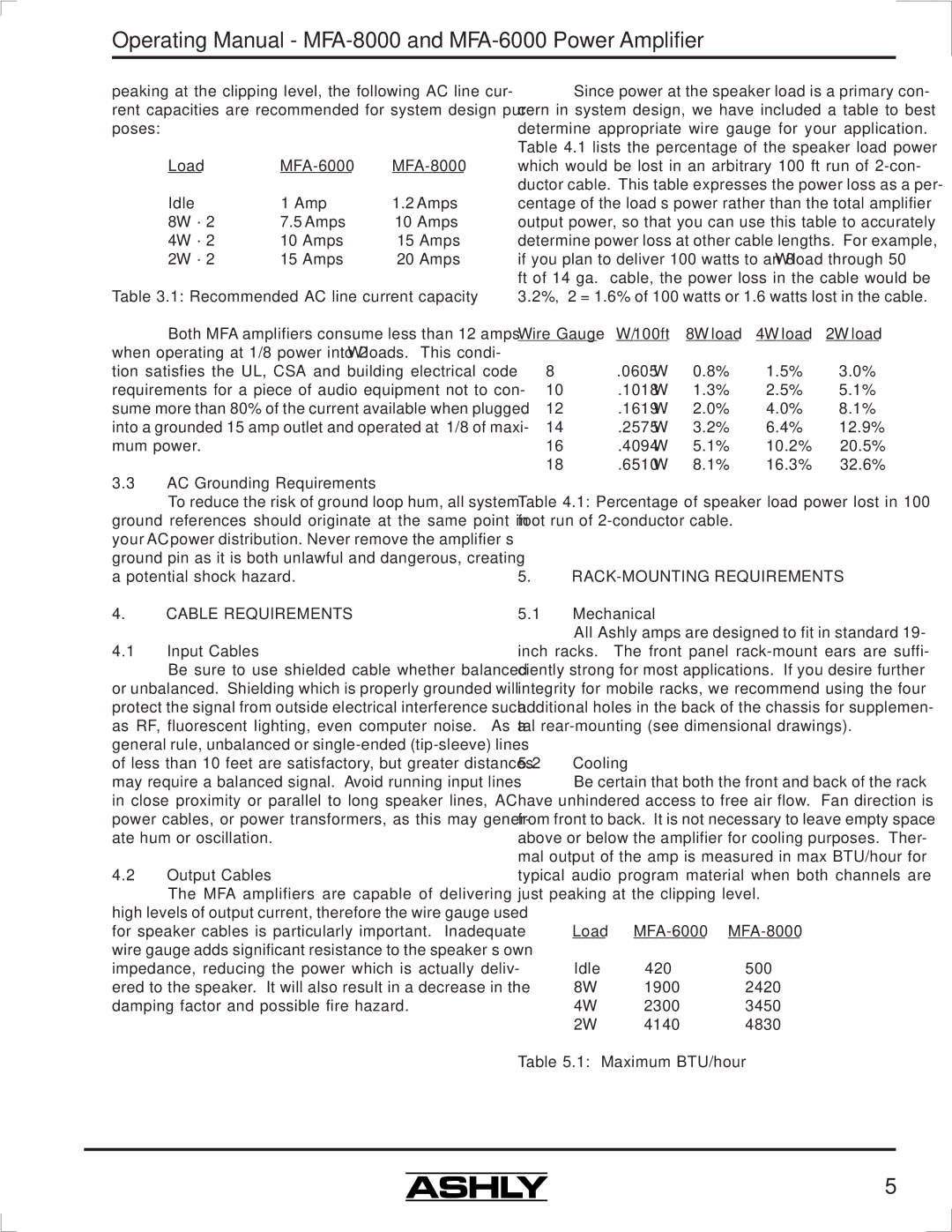 Ashly MFA-6000, MFA-8000 manual Cable Requirements, RACK-MOUNTING Requirements 