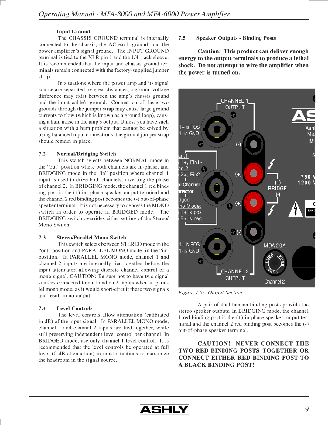 Ashly MFA-6000, MFA-8000 Input Ground, Speaker Outputs Binding Posts, Normal/Bridging Switch, Stereo/Parallel Mono Switch 