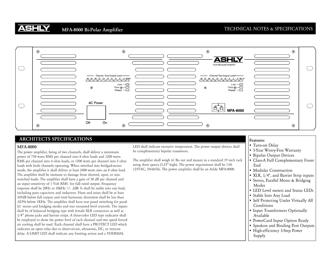 Ashly MFA-8000 specifications Architects Specifications, Features, Be complementary bipolar transistors 