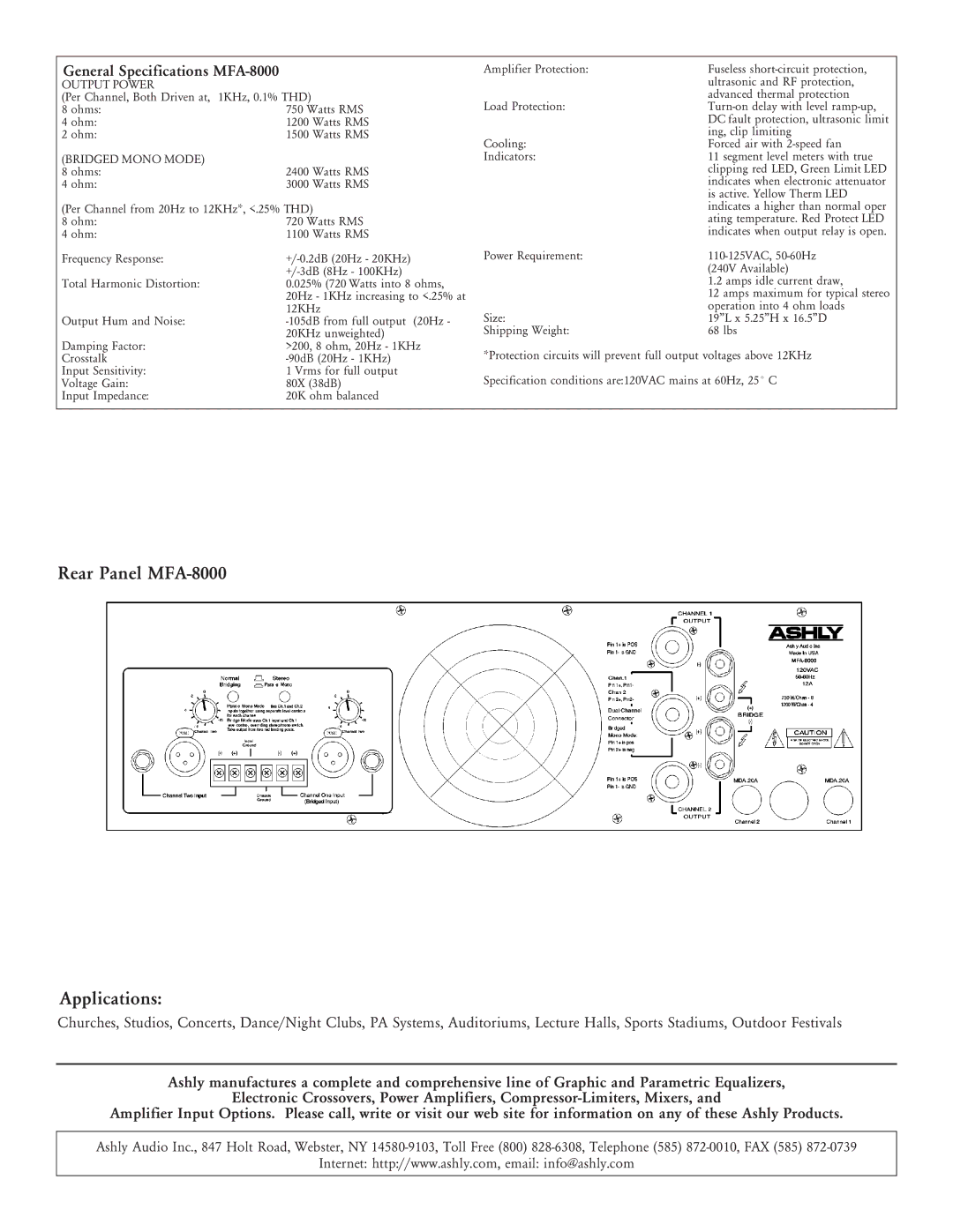 Ashly specifications Rear Panel MFA-8000 Applications, General Specifications MFA-8000, Output Power, Bridged Mono Mode 