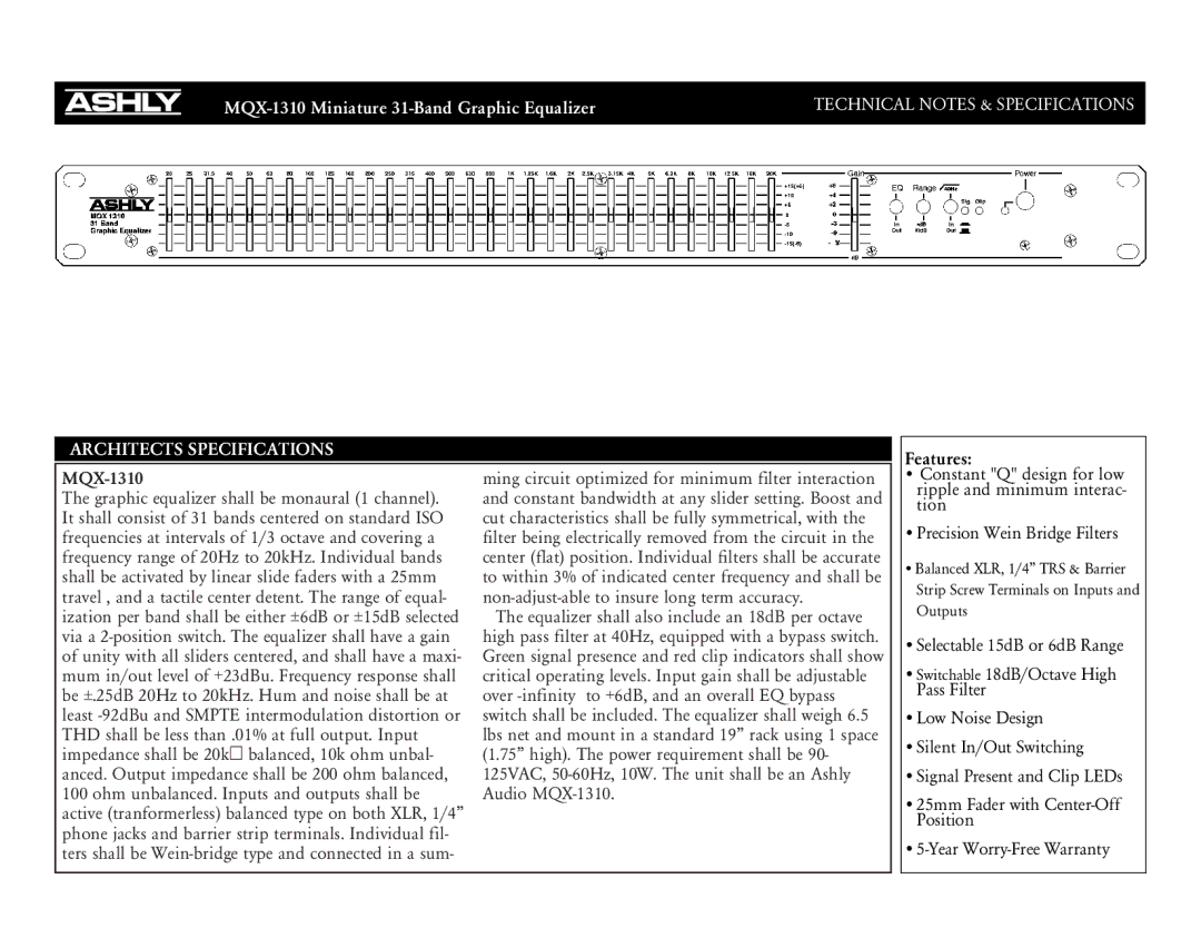 Ashly MQX-1310 specifications Architects Specifications 