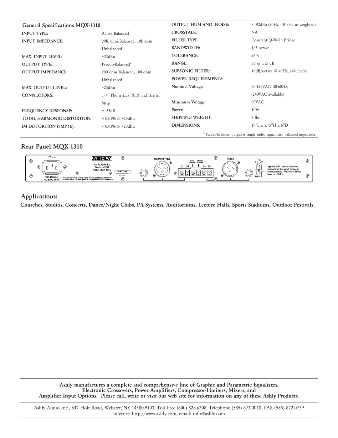 Ashly specifications Rear Panel MQX-1310 Applications, General Specifications MQX-1310 