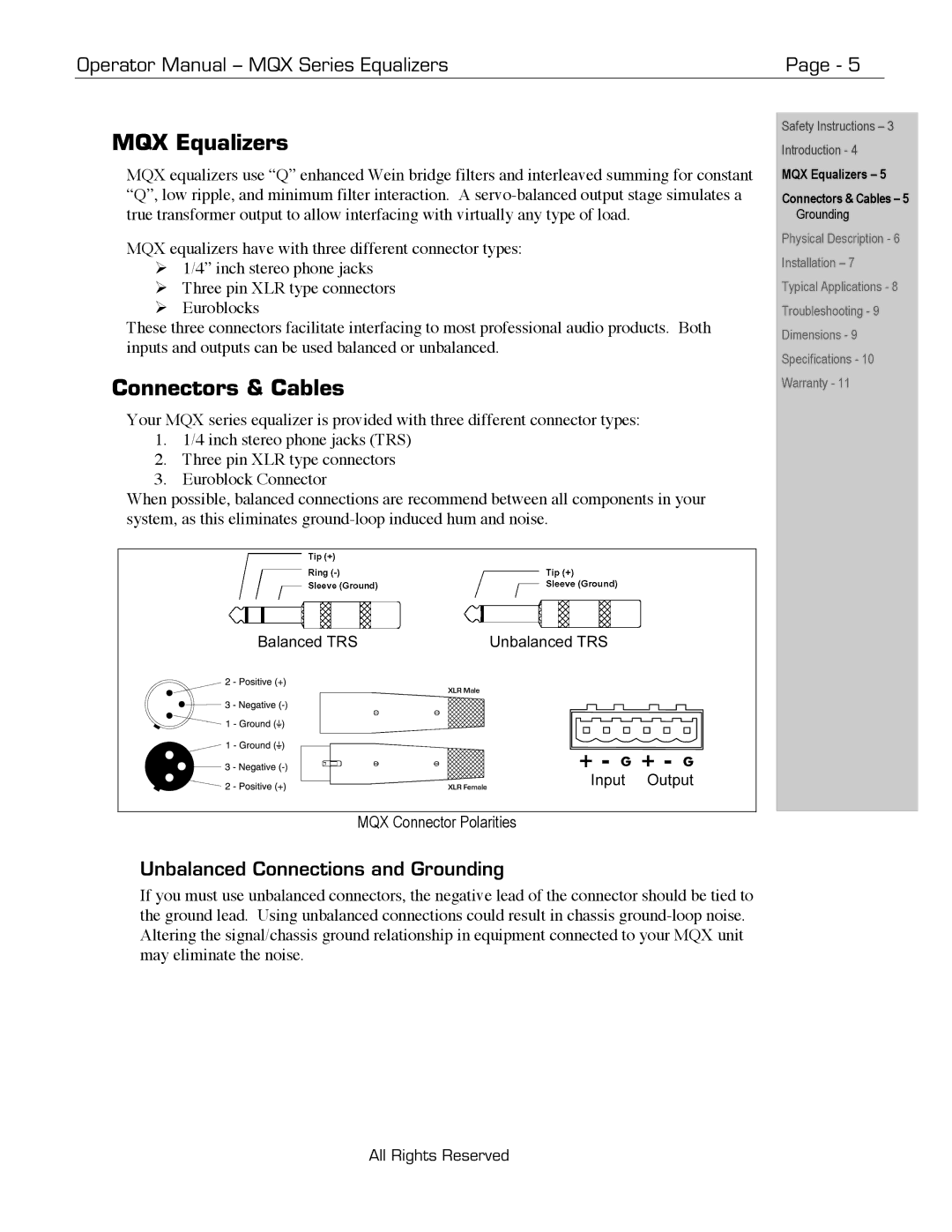 Ashly MQX-2150 manual MQX Equalizers, Connectors & Cables, Unbalanced Connections and Grounding 