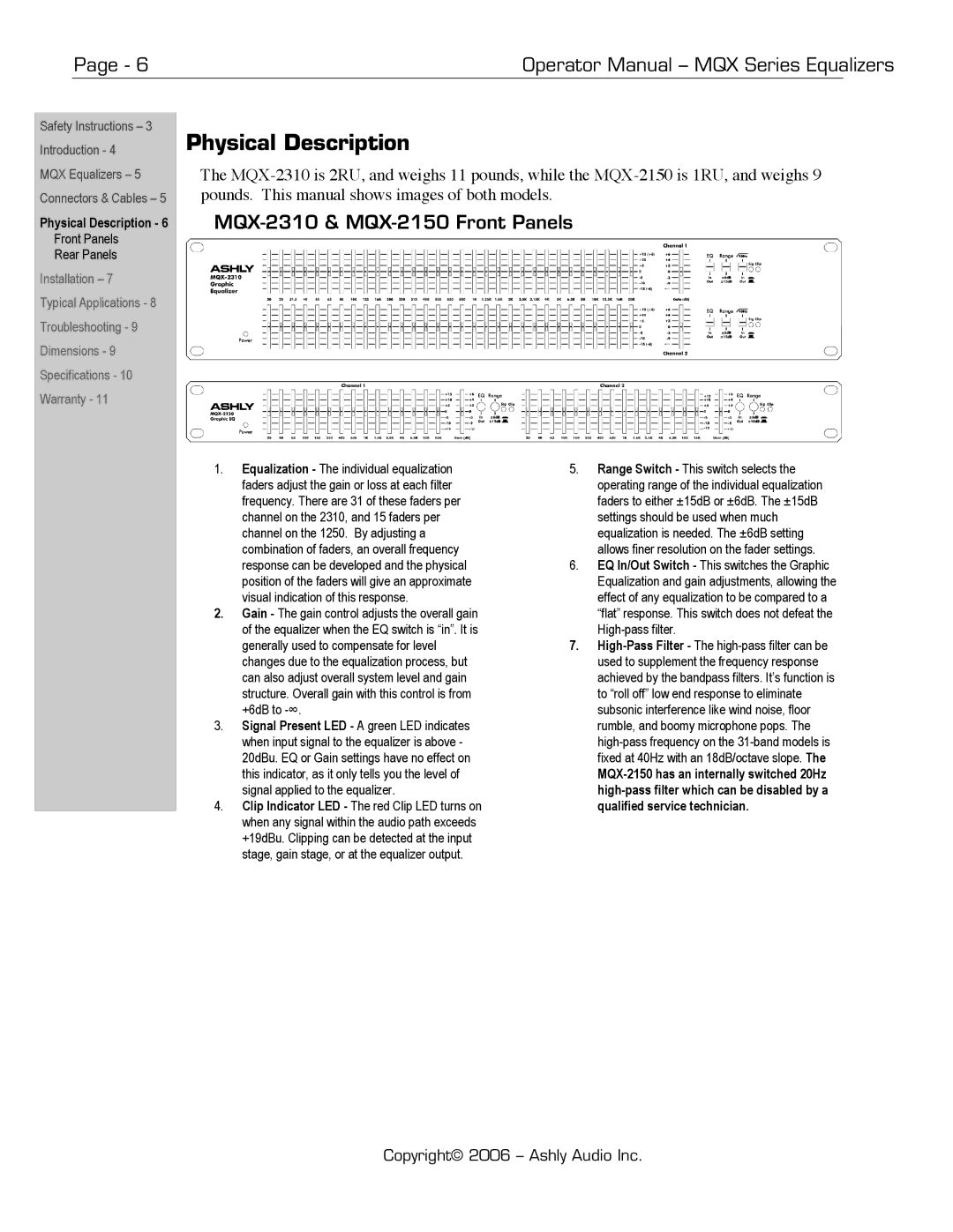 Ashly manual Physical Description, MQX-2310 & MQX-2150 Front Panels 