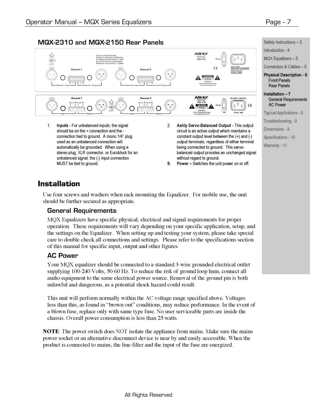 Ashly MQX-2150 manual Installation, General Requirements, AC Power 