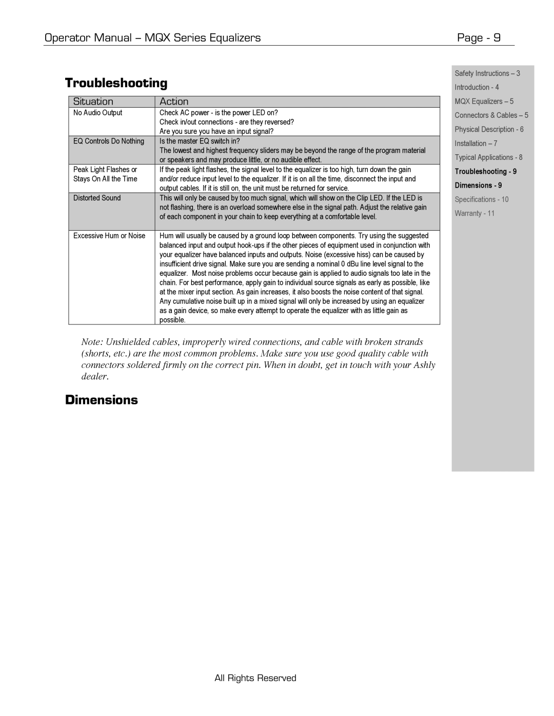 Ashly MQX-2150 manual Troubleshooting 9 Dimensions 