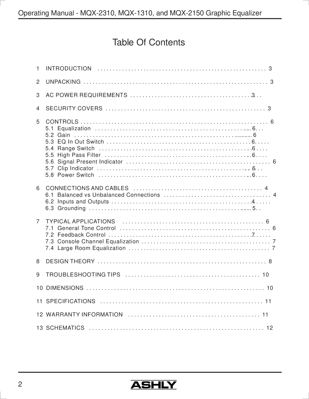 Ashly MQX-2310 manual Table Of Contents 