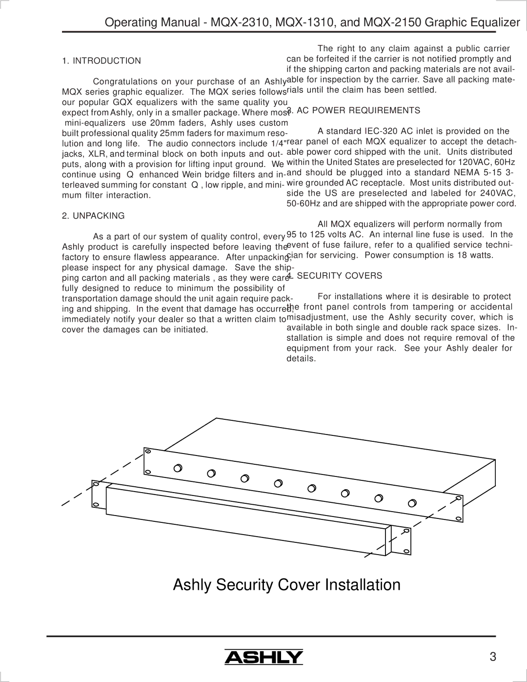 Ashly MQX-2310 manual Introduction, Unpacking, AC Power Requirements, Security Covers 