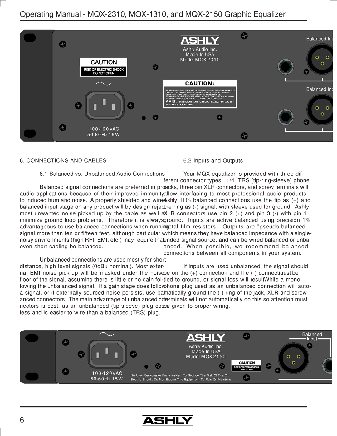 Ashly manual Connections and Cables, Ashly Audio Inc Made In USA Model MQX-2310 