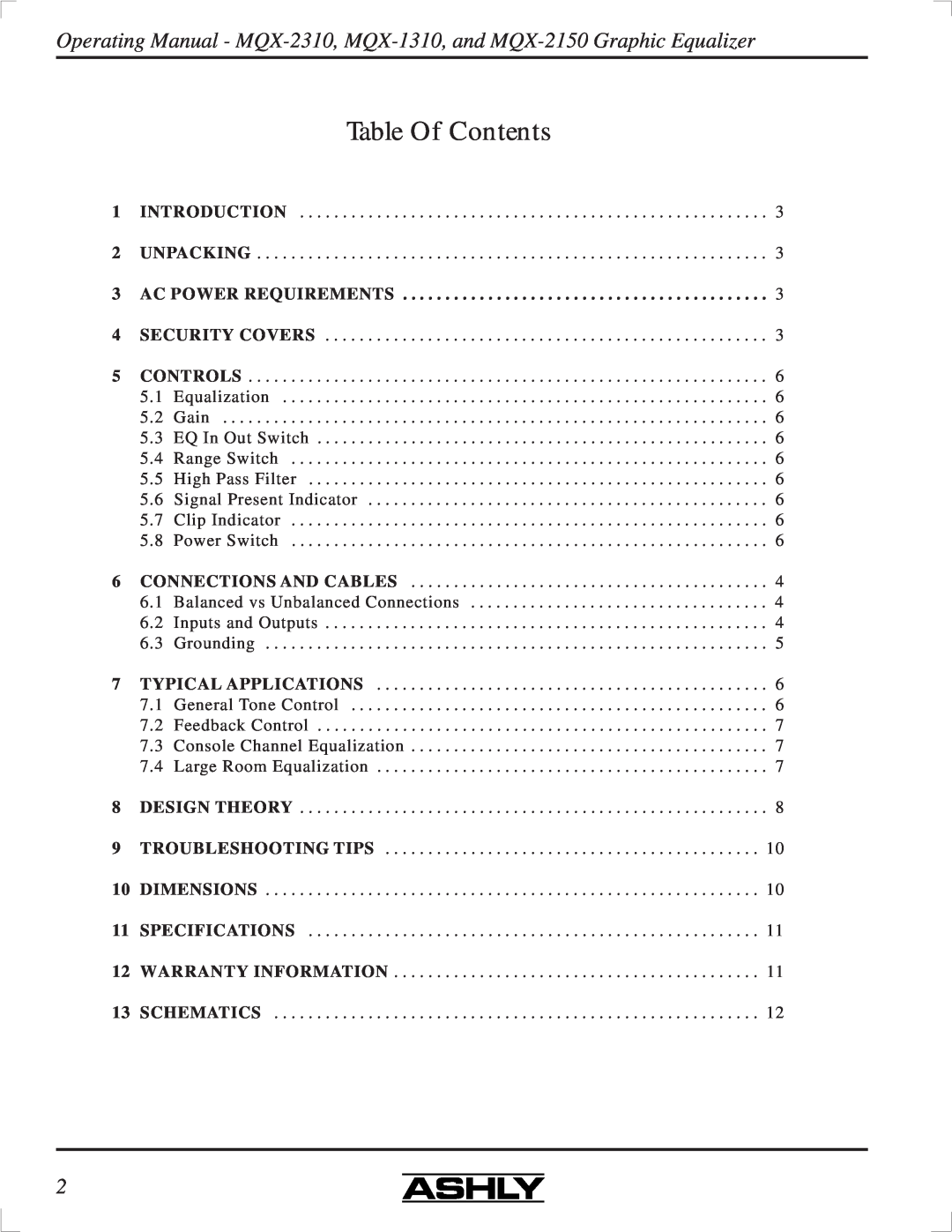 Ashly MQX-2310 manual Table Of Contents 