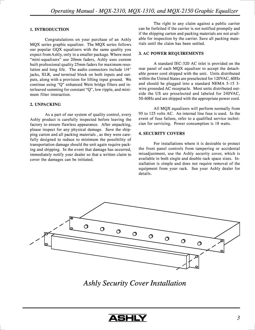 Ashly MQX-2310 manual Ashly Security Cover Installation, Introduction, Unpacking, Ac Power Requirements, Security Covers 