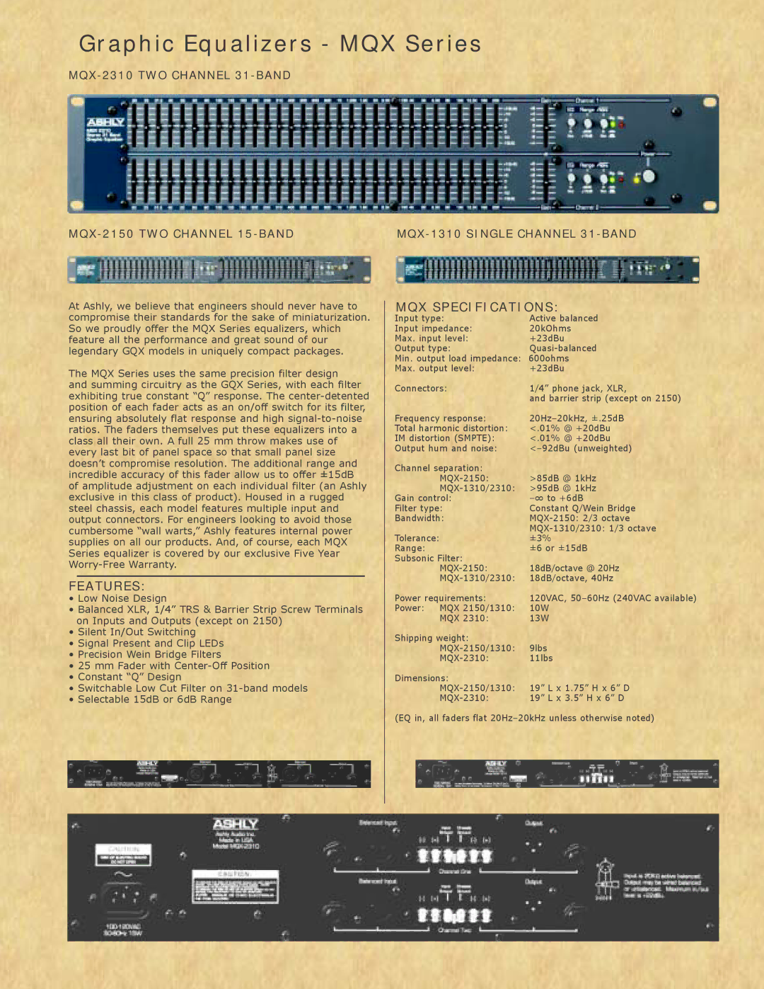 Ashly specifications Graphic Equalizers MQX Series, Features, MQX Specifications, MQX-1310 Single Channel 31-BAND 