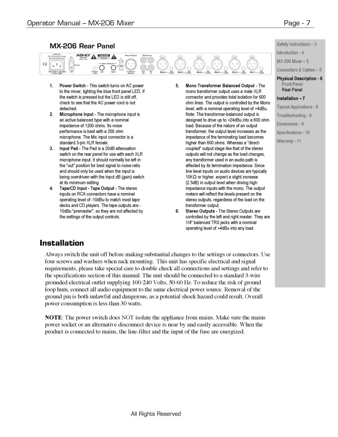 Ashly manual Installation, Operator Manual MX-206 Mixer MX-206 Rear Panel 