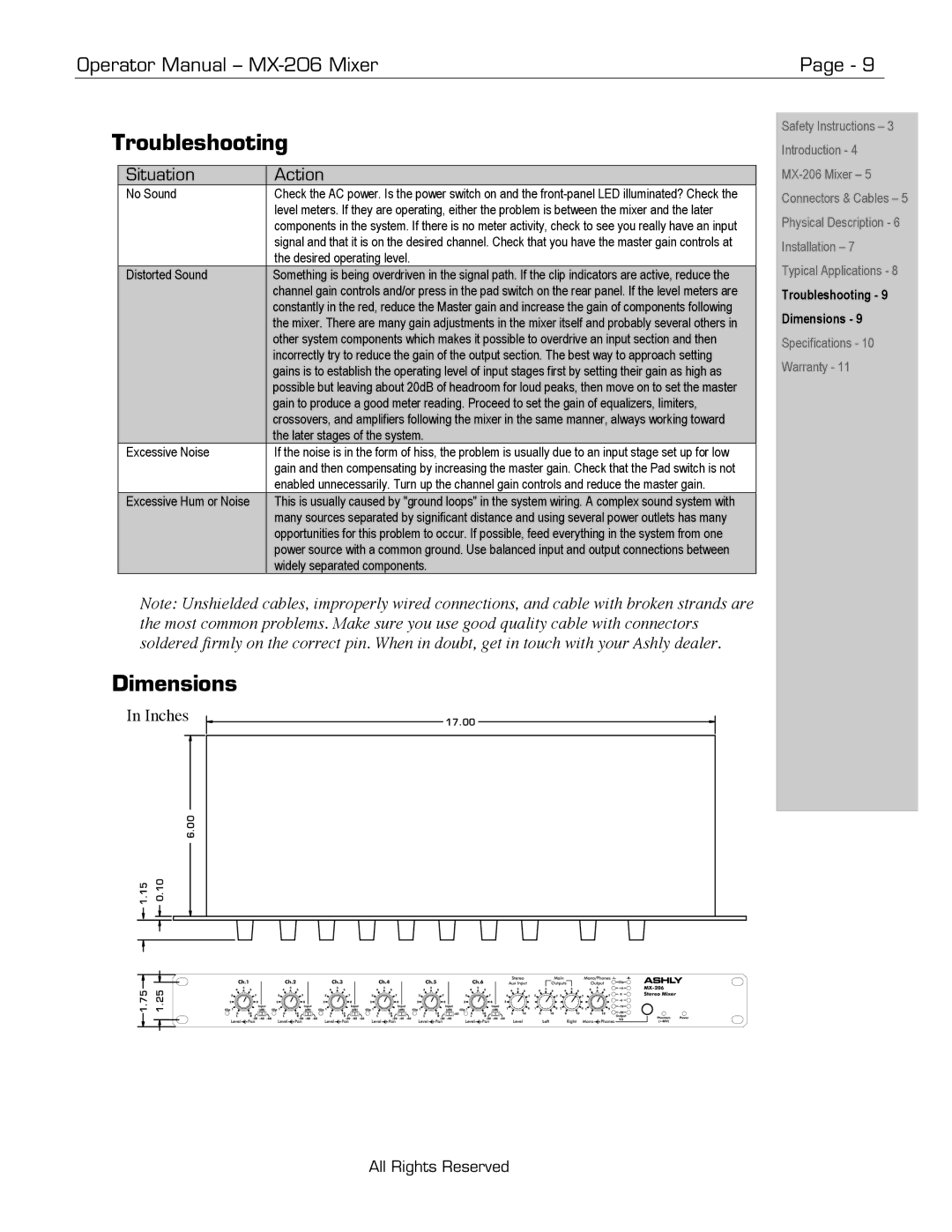 Ashly MX-206 manual Troubleshooting 9 Dimensions 