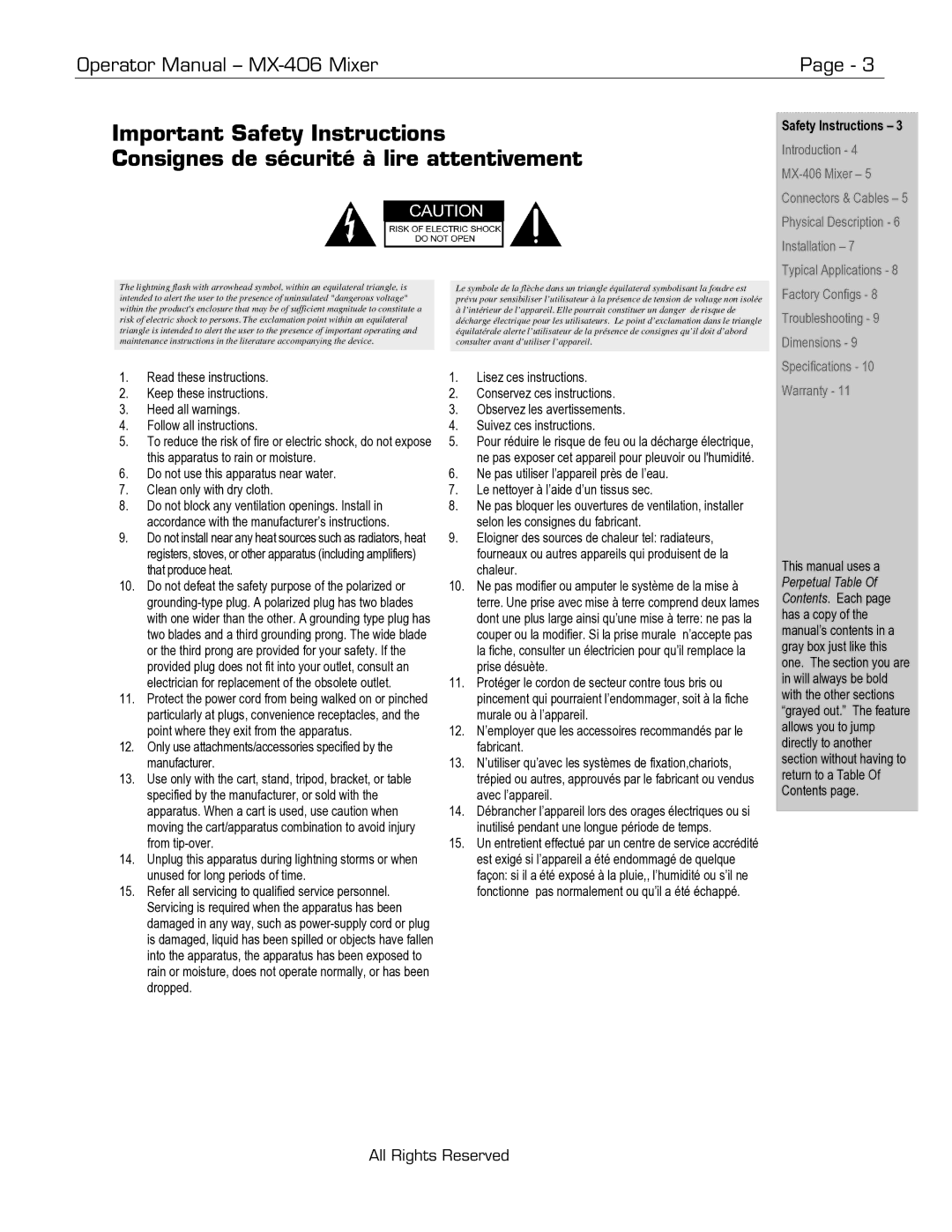 Ashly MX-406 manual Safety Instructions, Specifications Warranty 