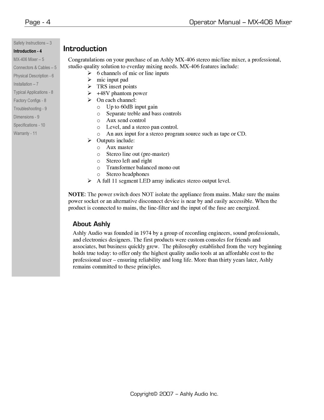 Ashly MX-406 manual About Ashly, Introduction 