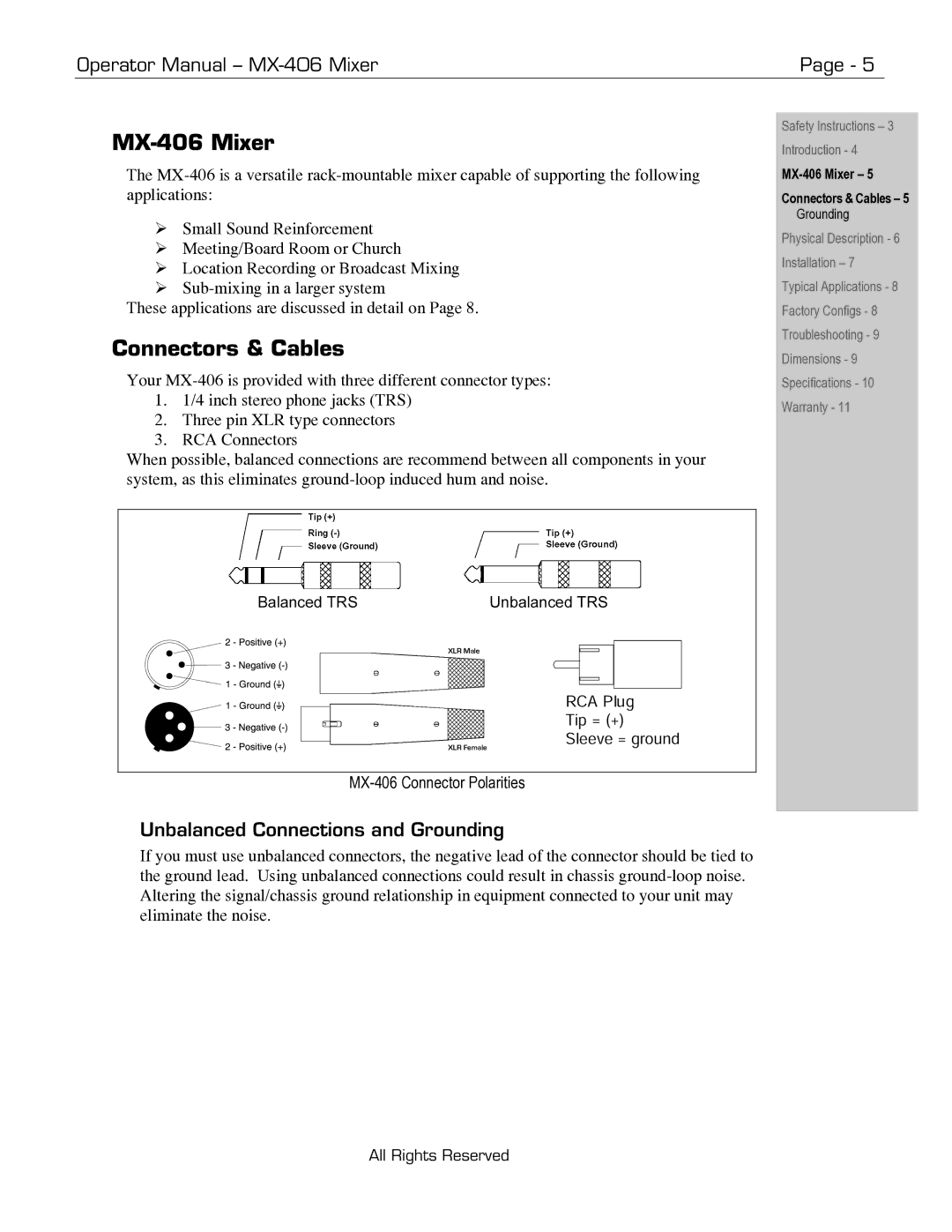 Ashly manual Unbalanced Connections and Grounding, MX-406 Mixer Connectors & Cables 