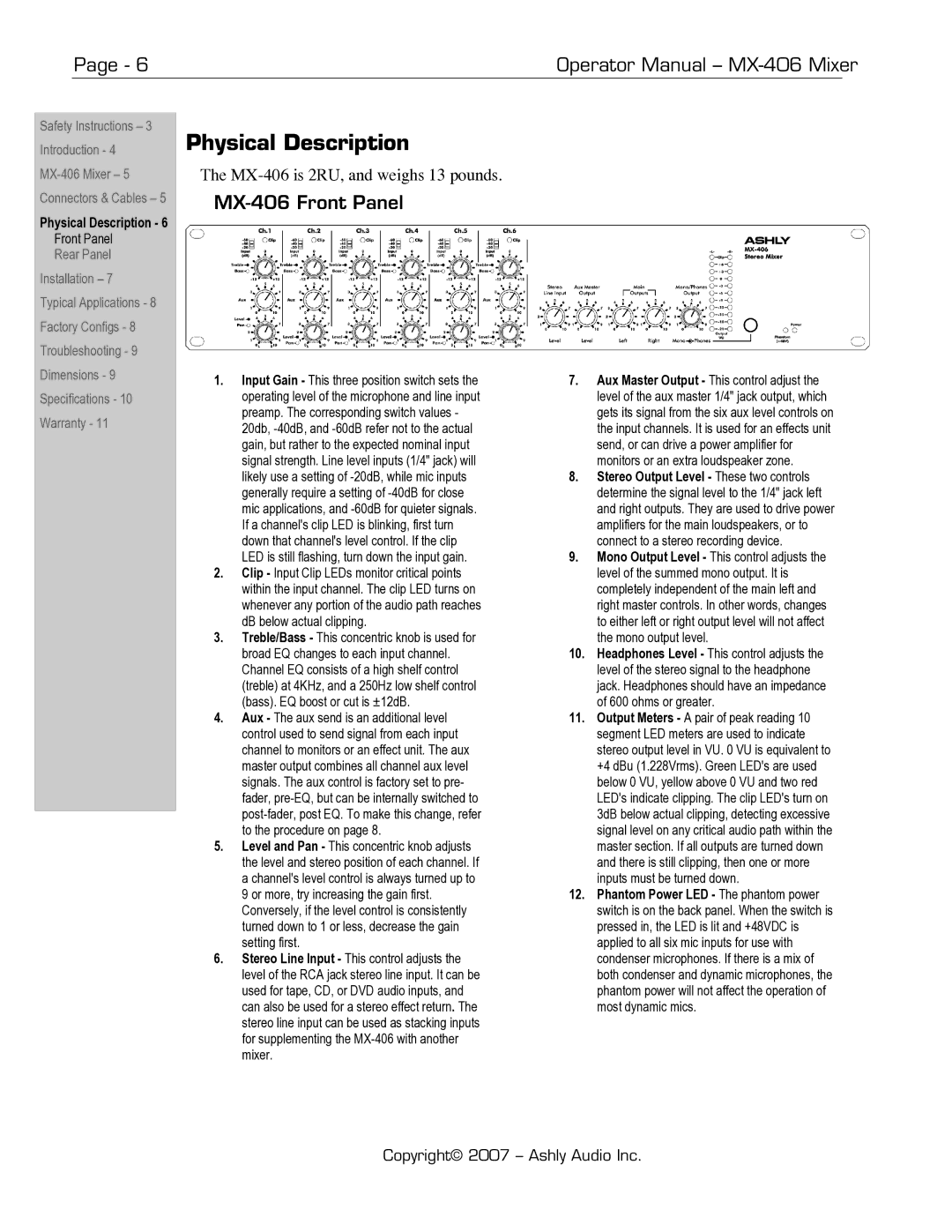 Ashly manual Physical Description, MX-406 Front Panel 