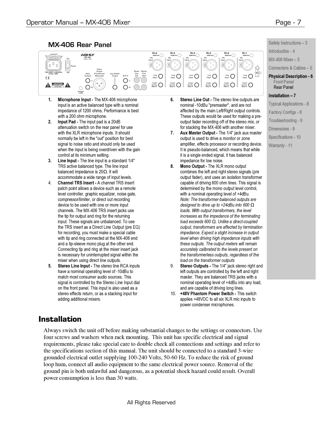 Ashly manual Installation, Operator Manual MX-406 Mixer MX-406 Rear Panel 