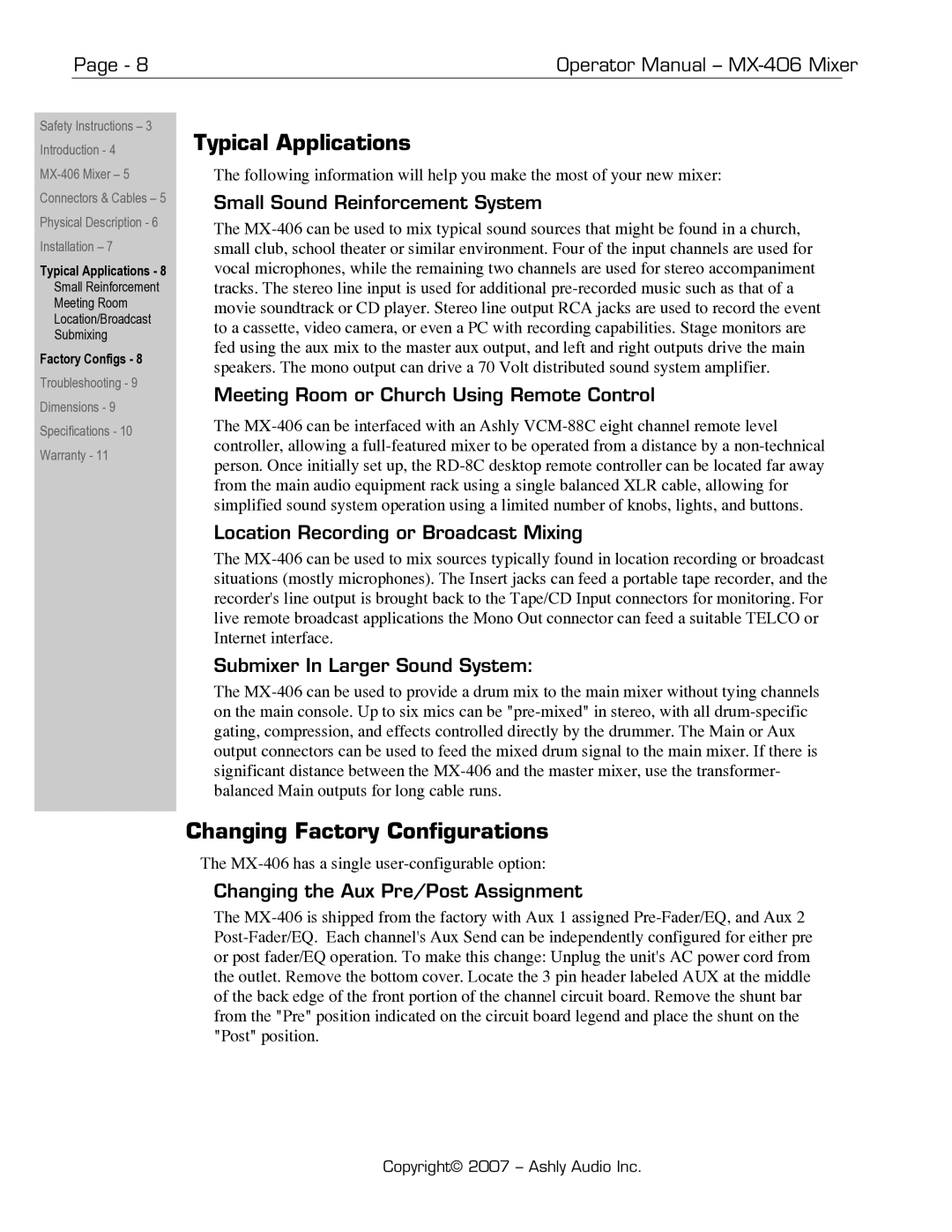 Ashly MX-406 manual Typical Applications, Changing Factory Configurations 