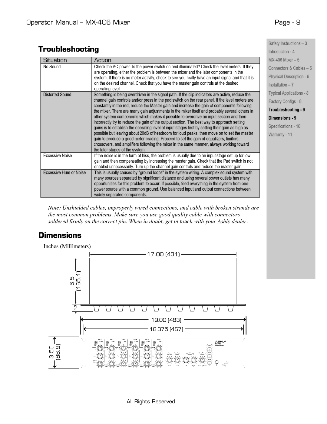 Ashly MX-406 manual Troubleshooting 9 Dimensions 