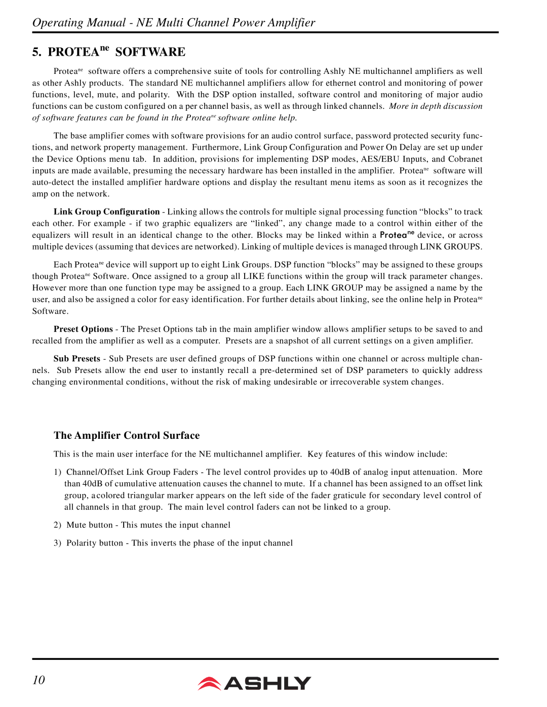 Ashly NE 4200.25 manual PROTEAne Software, Amplifier Control Surface 