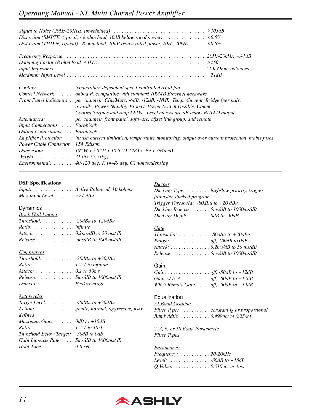 Ashly NE 4200.25 manual DSP Specifications, Dynamics 