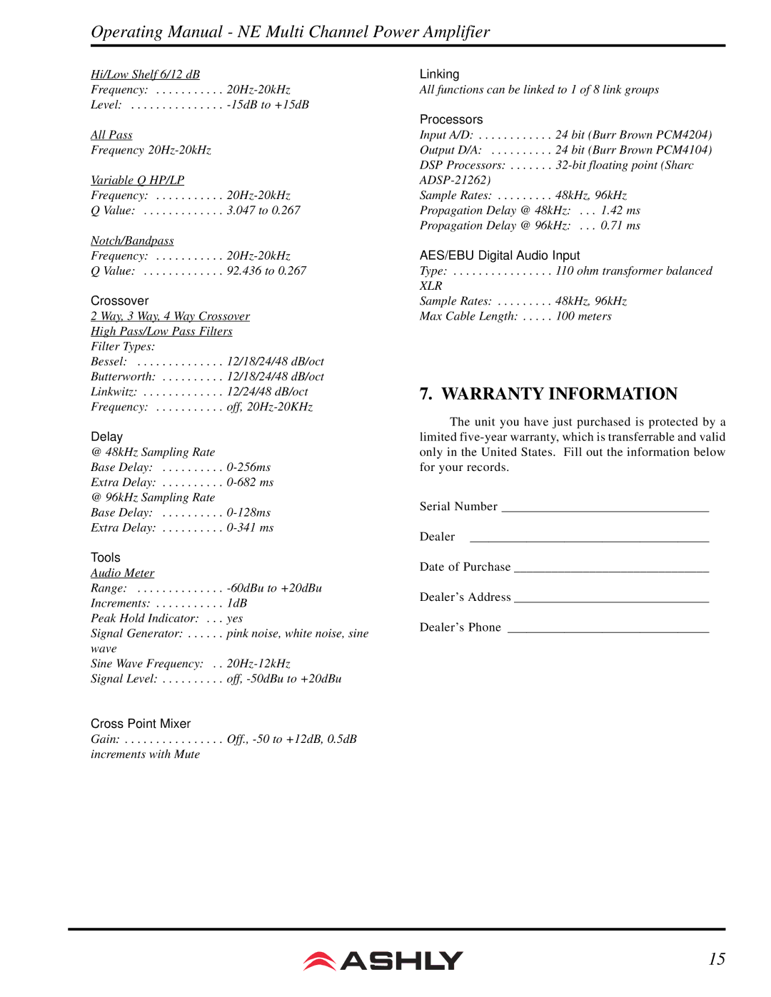 Ashly NE 4200.25 manual Warranty Information, Crossover 