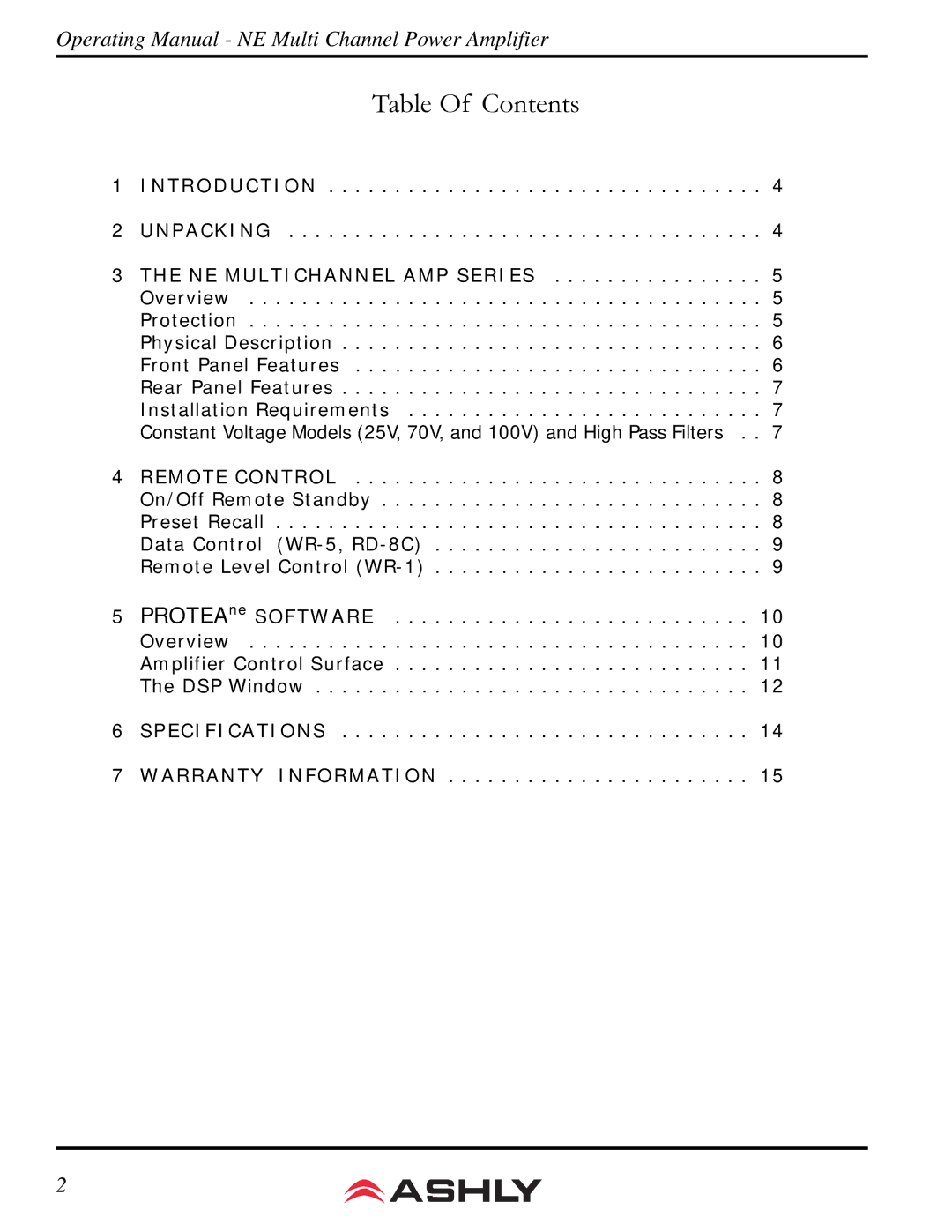 Ashly NE 4200.25 manual Table Of Contents 