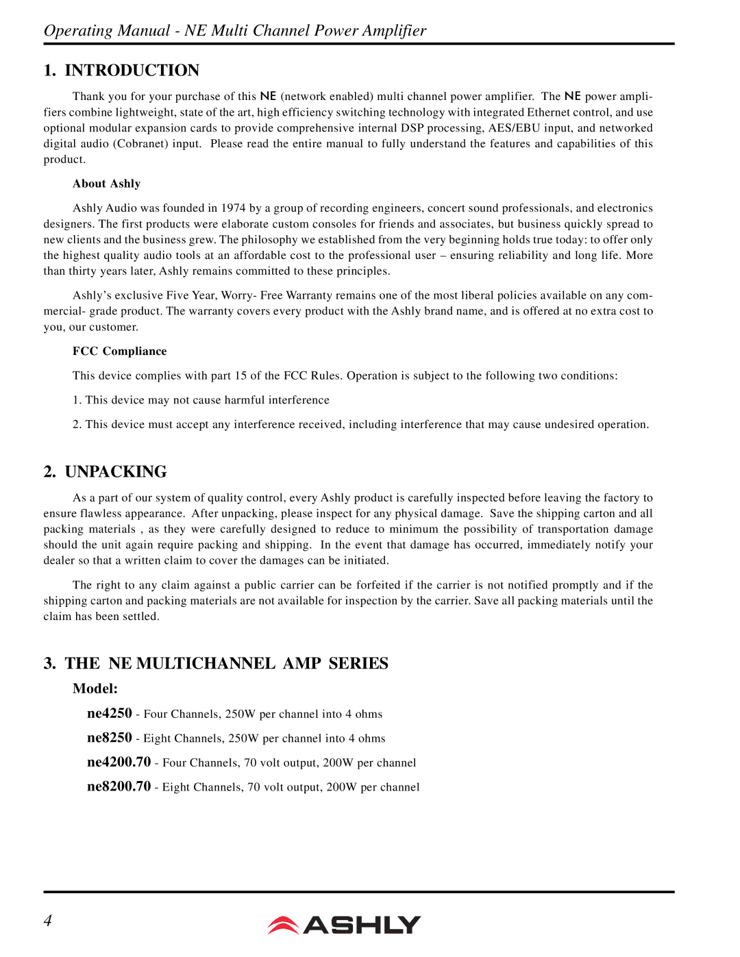 Ashly NE 4200.25 manual Introduction, Unpacking, NE Multichannel AMP Series, About Ashly, FCC Compliance 