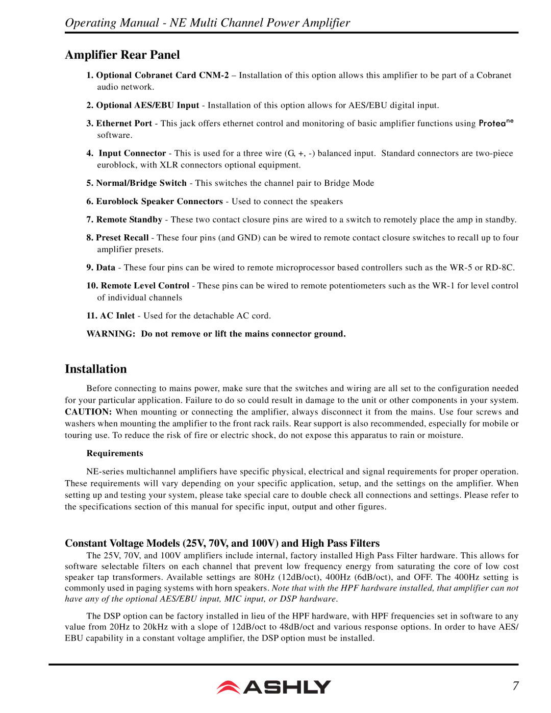 Ashly NE 4200.25 manual Installation, Requirements 