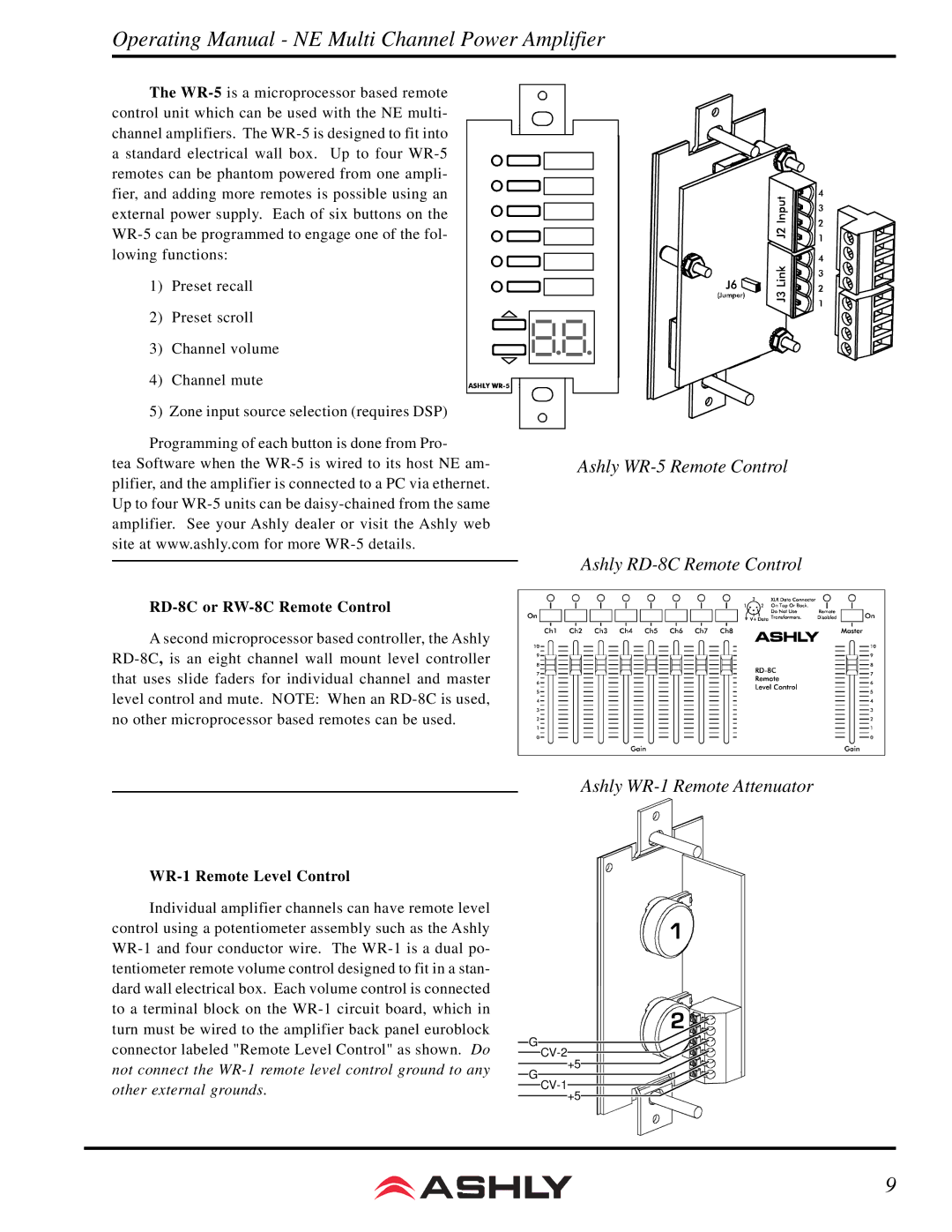 Ashly NE 4200.25 manual RD-8C or RW-8C Remote Control, WR-1 Remote Level Control 